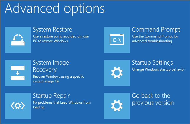 The Advanced Options menu on Windows 10. 
