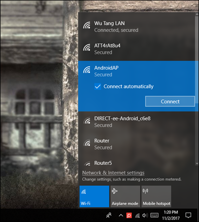 The hotspot visible in Windows 10. 