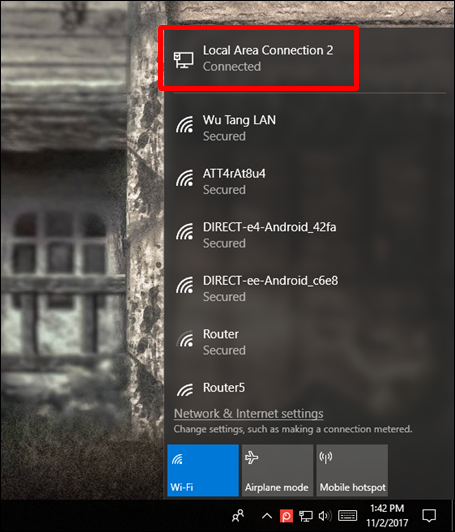 The USB internet connection with your phone displayed in Windows 10. 