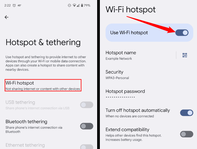 Tap &quot;Wi-Fi Hotspot,&quot; then click the toggle switch to enable the hotspot. 