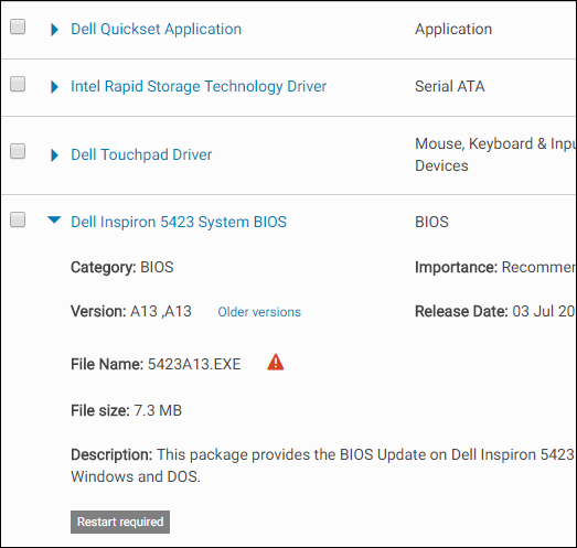 Dell's BIOS driver page for an Inspiron Laptop. 