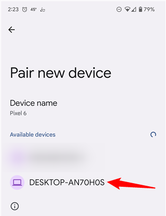 The Windows 10 desktop shown in the device list on Android. 