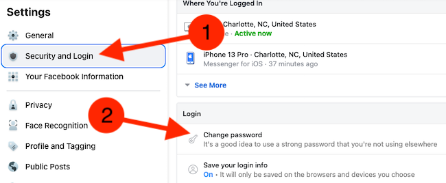 Select "Security and Login" from the sidebar and then click "Change Password"