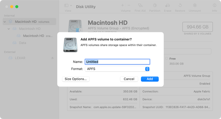 Adding an APFS volume to the startup disk with Disk Utility
