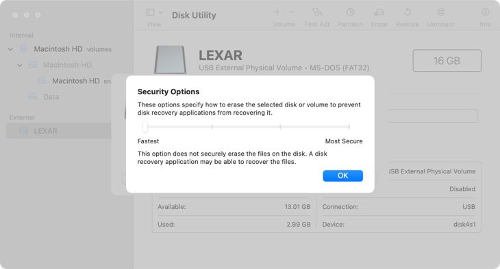 Secure erase options in Disk Utility