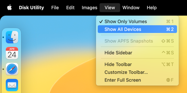 "Show All Devices" in macOS Disk Utility menu