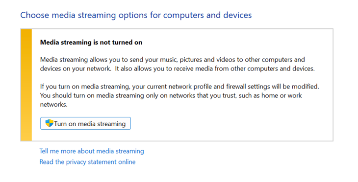 Enable Windows Media Streaming in Control Panel