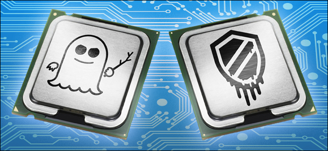 Stylized CPUs with Spectre and Meltdown logos.