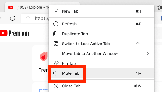 Right-click a tab and select the "Mute Tab" button
