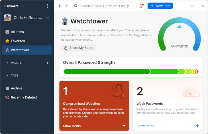 1Password's Watchtower showing a comrpomised password.
