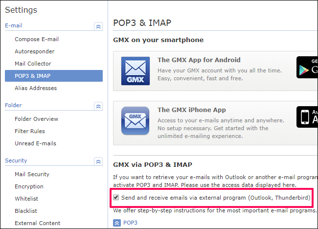 Go to the POP3 and IMAP section and check the &quot;Send and Receive Emails via External Program&quot; box