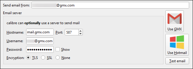 Click the &quot;Use GMX&quot; button in Calibre's Sharing Books by Email windows and enter your GMX credentials