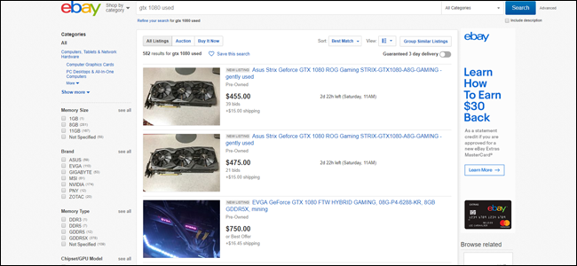 eBay listings for GPUs.
