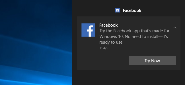 A Windows 10 notification saying the Facebook app was automatically installed.