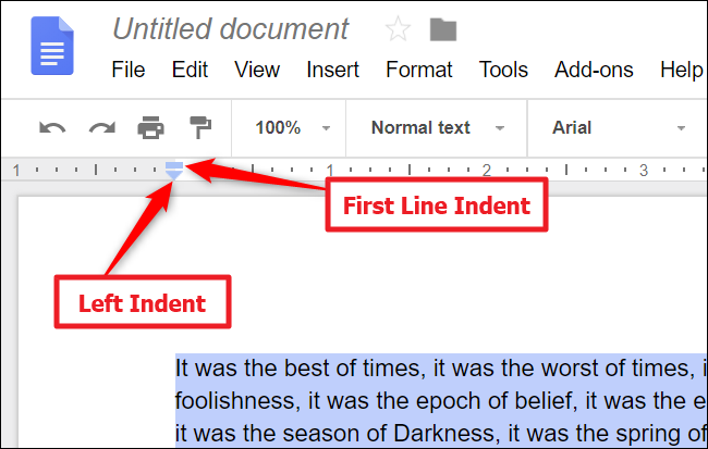 Find the first light indent marker or the left indent marker.