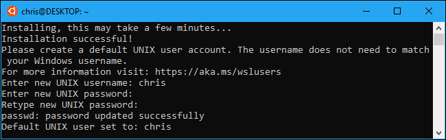 Enter a username and password for your Linux distro. 