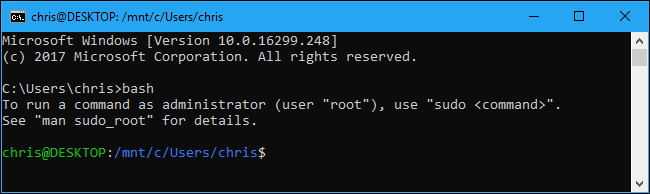 Running &quot;bash&quot; in the Command Prompt will launch your default Linux environment.