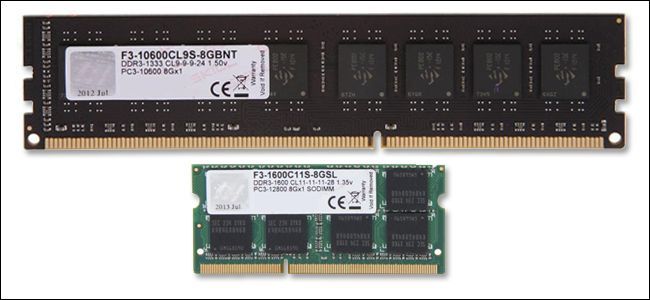 A standard DIMM module found in desktop PCs positioned over a SODIMM module, which are found in laptops. 