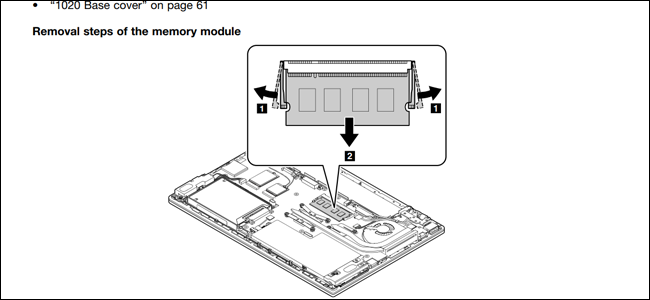 A diagram of a Lenovo laptop showing how to remove the RAM. 