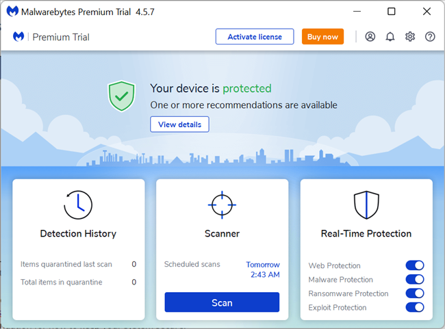 MalwareBytes Premium Trial homescreen.