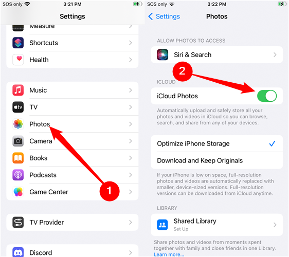 Open the Settings app, tap &quot;Photos,&quot; then tap the toggle next to &quot;iCloud Photos.&quot;