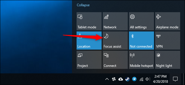 In the Windows 10 Action Center, click &quot;Focus Assist.&quot;