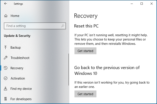 Go back to a previous version of Windows 10 recovery options