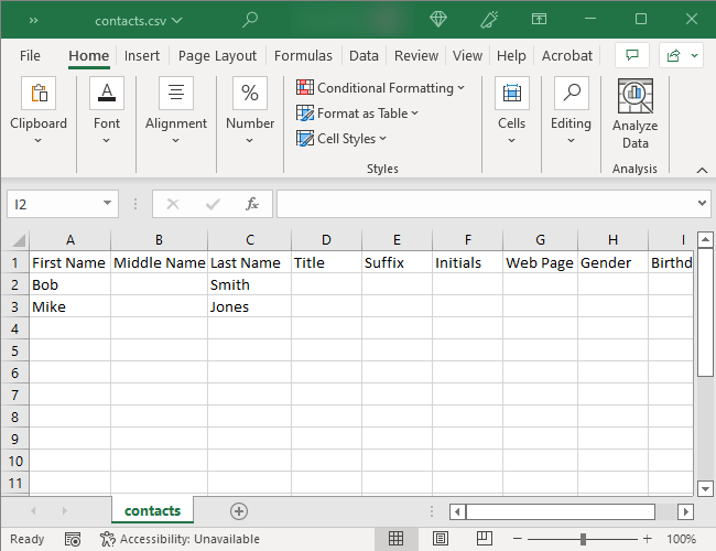 A CSV file imported into Excel.