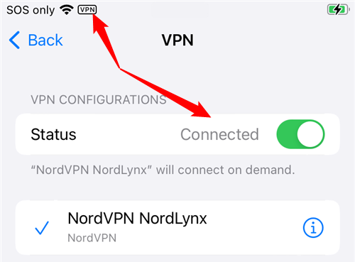 &quot;VPN&quot; is displayed at the top of your screen when a VPN is active. The status is also changed to &quot;Connected.&quot; 