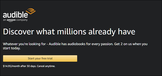 Audible's website offering a free trial.