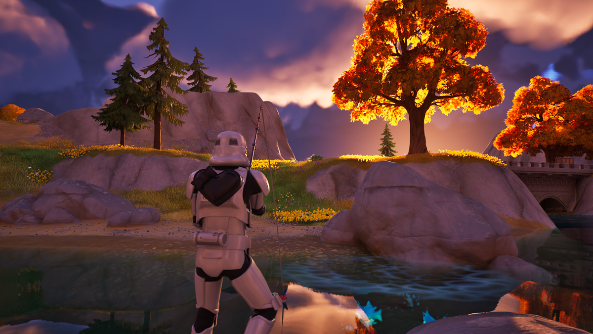 A stormtrooper fishing in a river at sunrise. Fortnite in Unreal 5.1. Header.