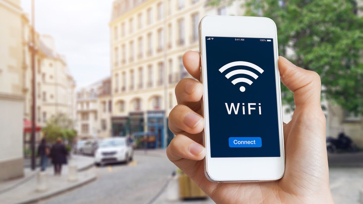 An iPhone connected to a public Wi-Fi hotspot