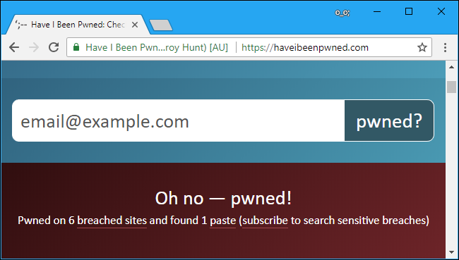 The Have I Been Pwned? website saying an account is pwned.