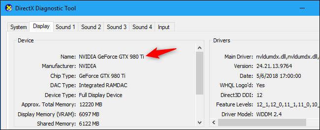The GPU displayed in the DirectX Diagnostic Tool. 