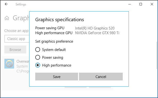 Windows can switch between a dedicate GPU and an integrated GPU to save power. 
