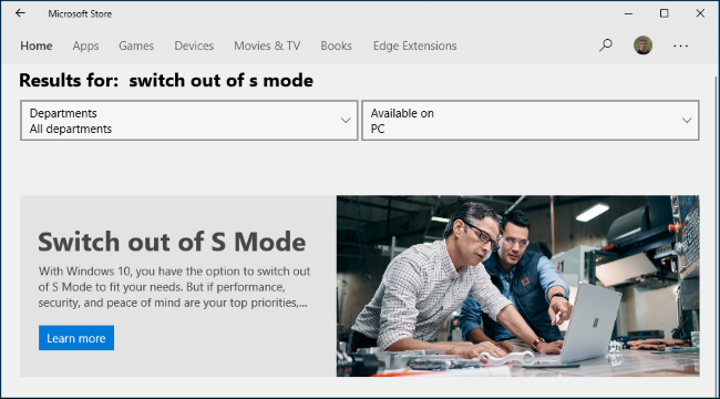The &quot;Switch out of S Mode&quot; page in the Microsoft Store.
