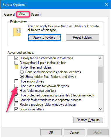 Open the Folder Options menu on Windows, navigate to the &quot;View&quot; tab, and uncheck the &quot;Hide extensions for known file types&quot; box