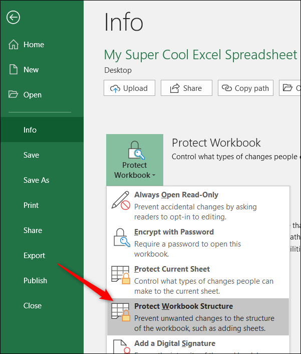 click protect workbook and choose protect workbook structure command