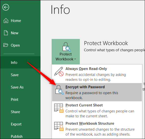 click protect workbook and choose the encrypt with password command