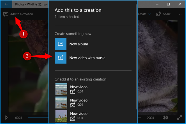 Click &quot;Add to a creation&quot; and click &quot;New video with music.&quot;