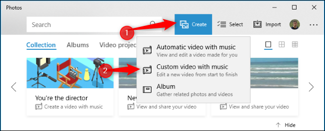 Click the &quot;Create&quot; button and click &quot;Custom video with music.&quot;