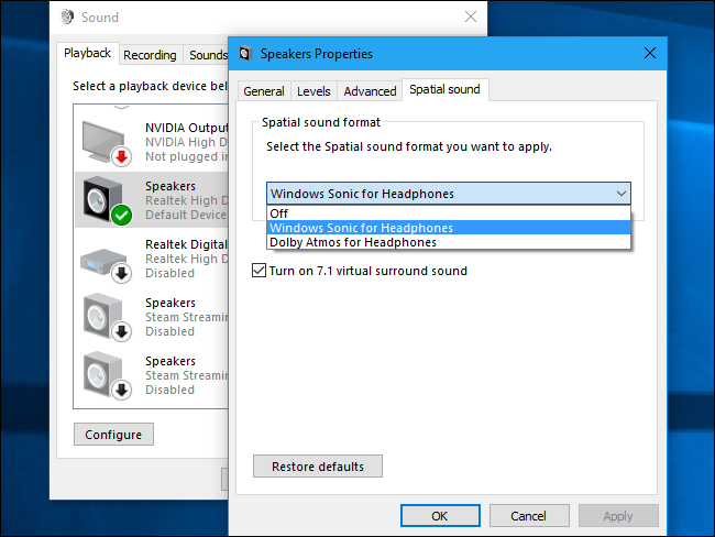 Selecting the 'Windows Sonic for Headphones' format in sound settings on Windows.