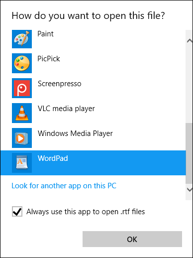 Select a program that you want to open an RTF file on Windows