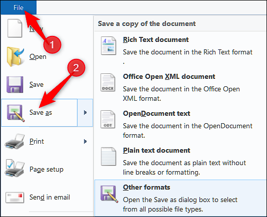 On Windows when viewing an RTF file, click &quot;File,&quot; select &quot;Save Ad,&quot; and choose &quot;Other Formats&quot;