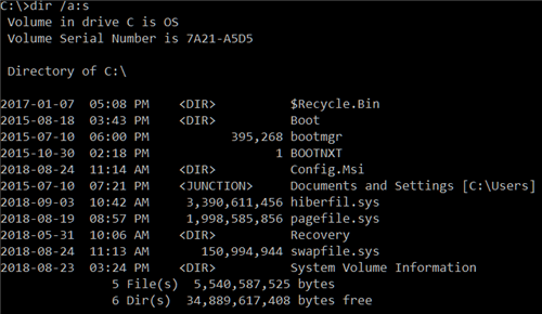 Command prompt with dir /a:s run in C:\ displaying the system files.