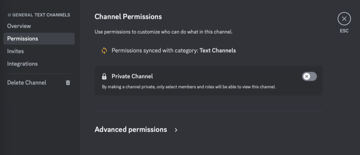 Discord channel permissions and other settings