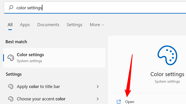 Open the Start menu, type "Color Settings" into the search bar, and then click "Open."