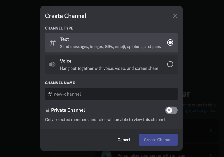 Create new Discord channel via sidebar