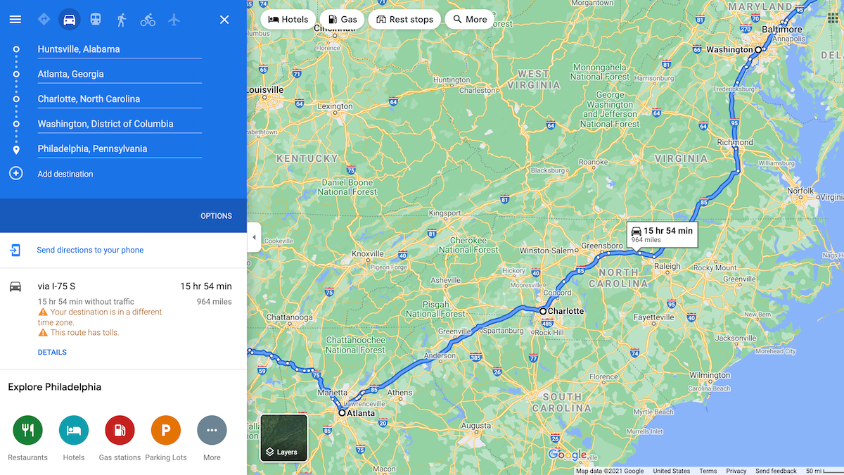 mapping a road trip with multiple stops