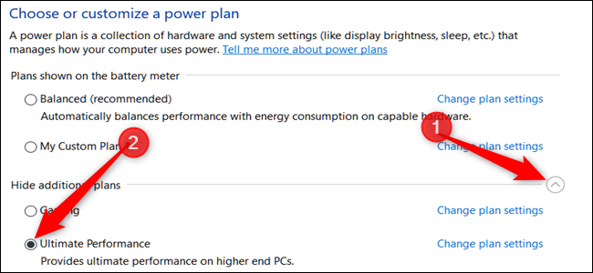 Selecting the 'Ultimate Performance' power plan in the Power Options settings on Windows.